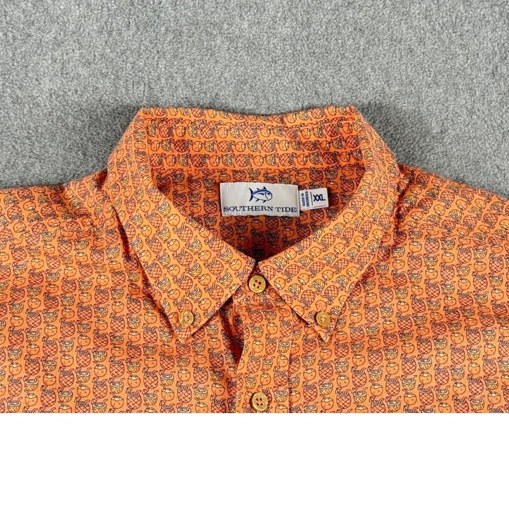 Southern Tide Linen Blend Shirt Mens 2XL Orange Tropical Pineapple Button Down